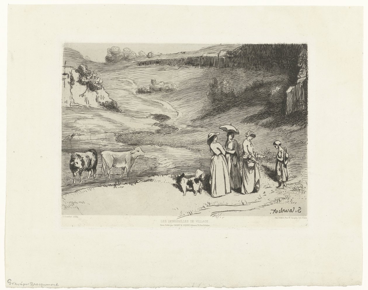 Unge kvinner gir gjeterinnen penger i kupert landskap Les demoiselles du villages (tittel på objekt) av Felix Bracquemond