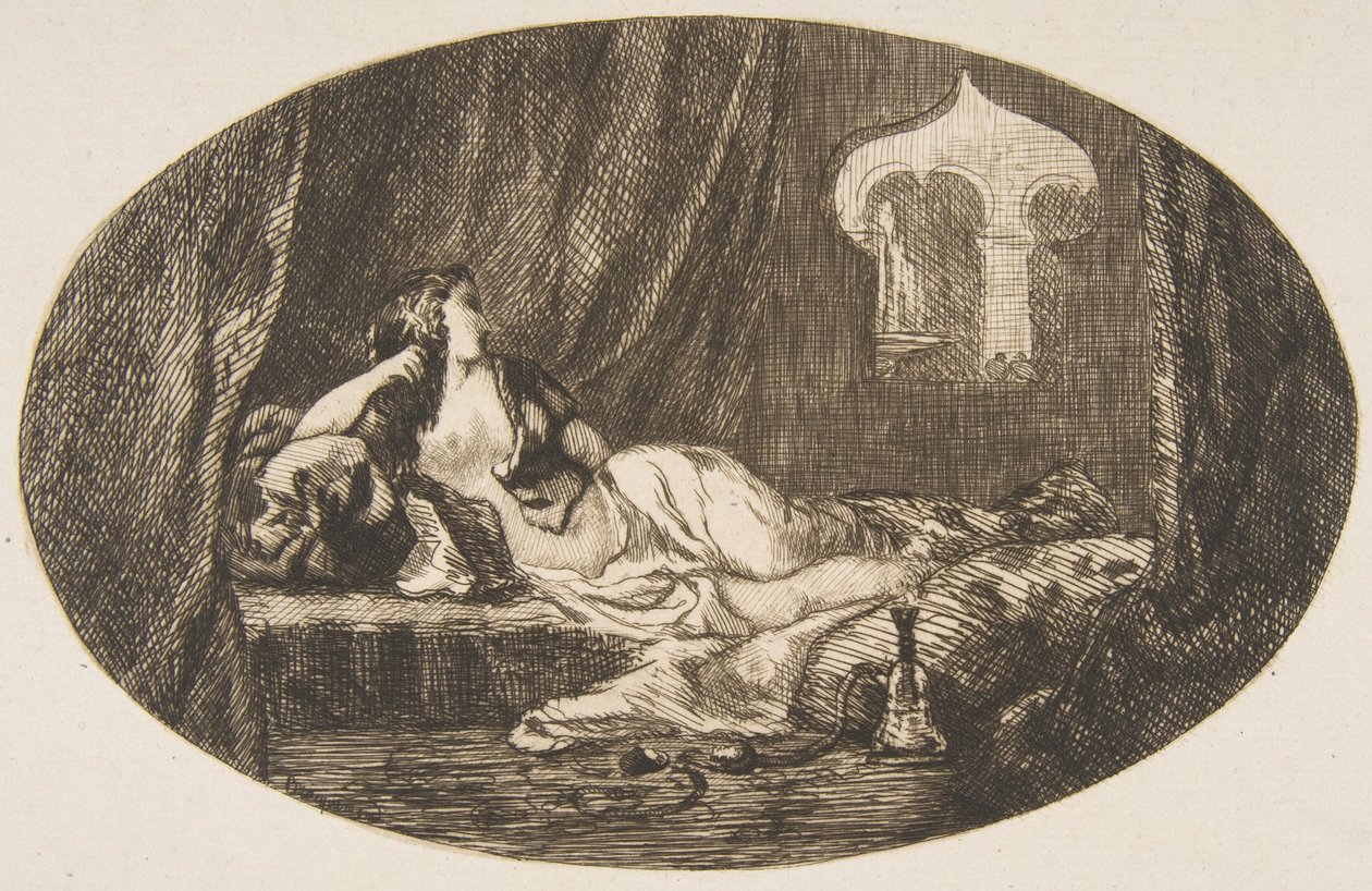 Odalisque liggende i et harem, fra Titres de Romance, 1857. av Felix Bracquemond