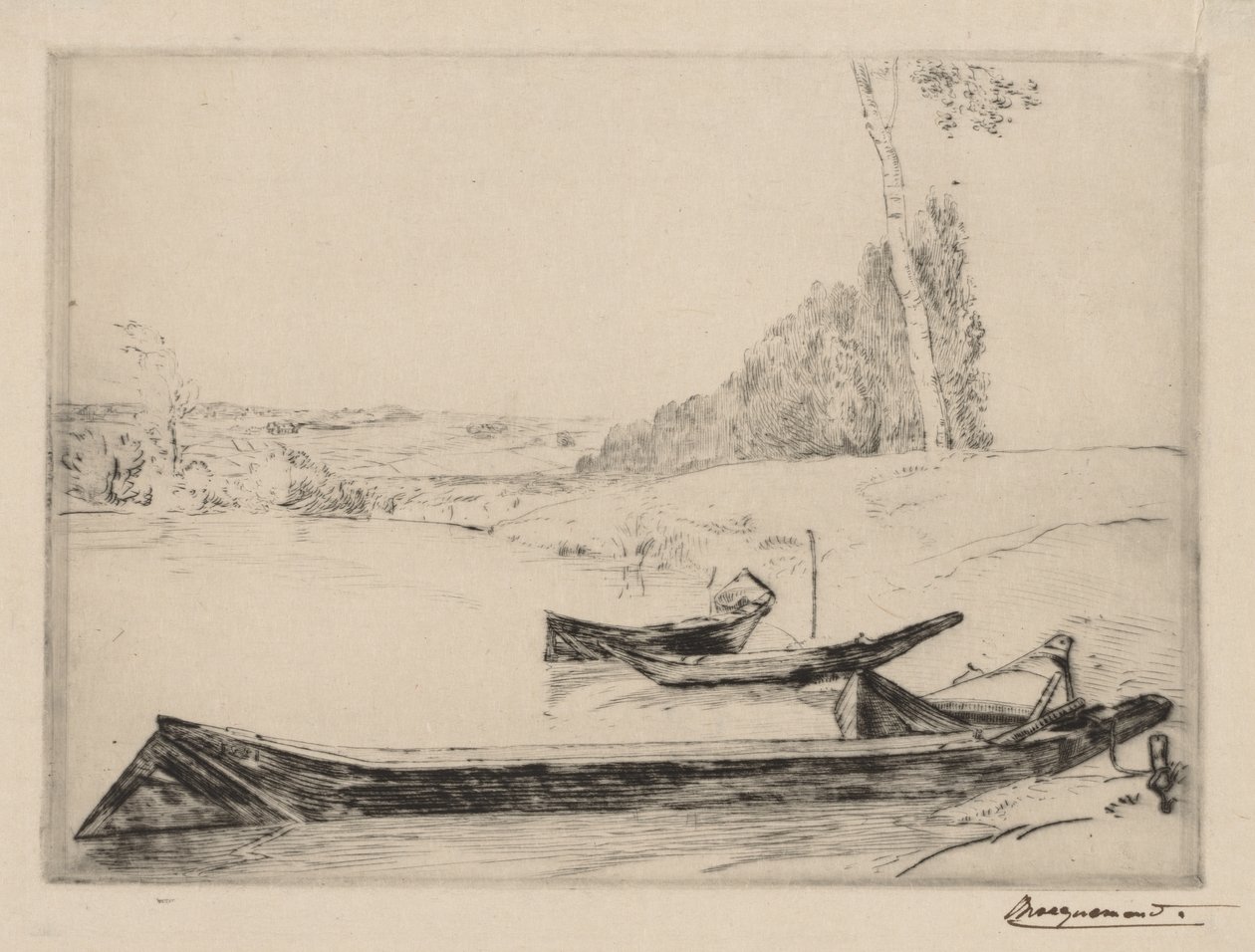 Små fergebåter på bredden av Seinen, ca. 1858. av Felix Bracquemond