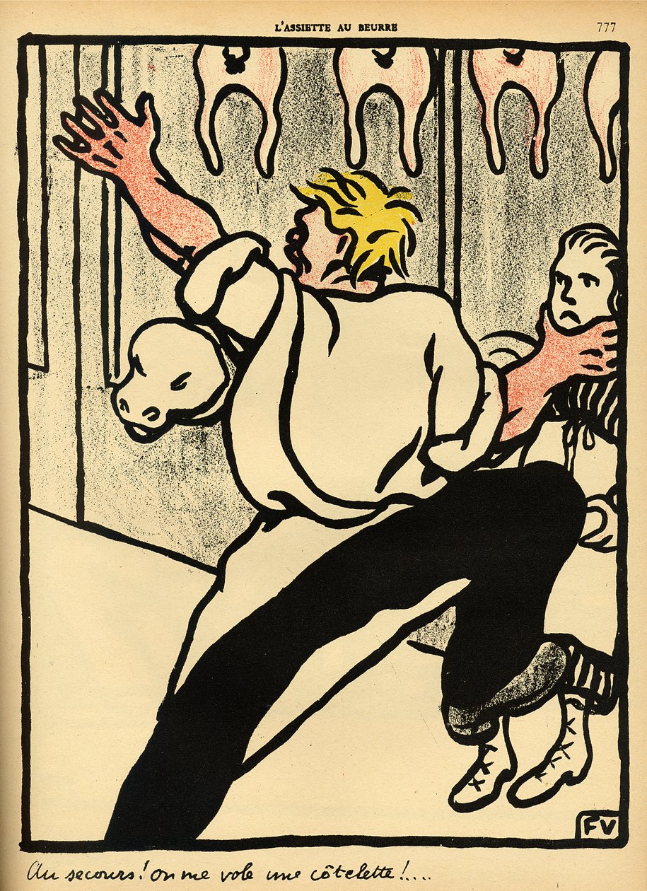 En slakter griper en kvinne i nakken og ber om hjelp, fra 