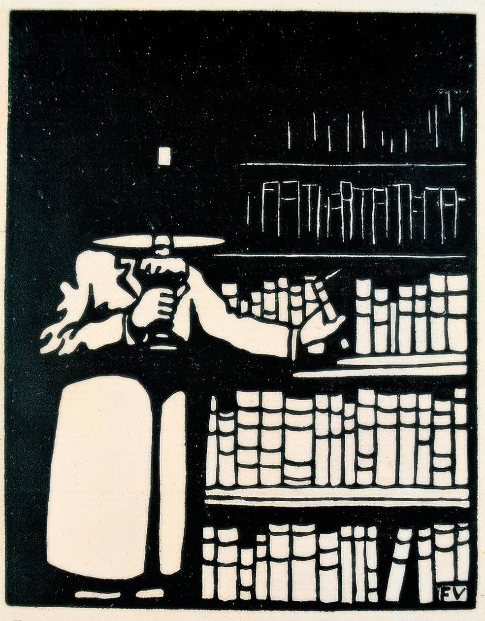 Bokelsker med lampe i biblioteket sitt av Felix Edouard Vallotton