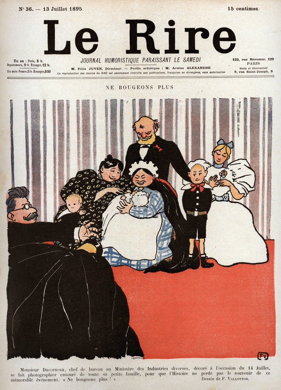 Forside av avisen "" Le Rire"", nr. 36, 13. juli 1895: "" La oss ikke flytte lenger" av Felix Edouard Vallotton