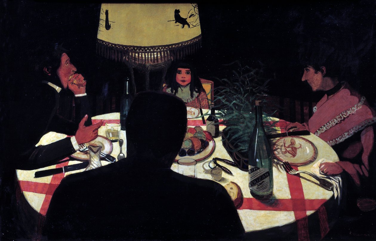 Middag, lampeeffekt. Representasjon av maleren omgir hans kone og vakre barn. Maleri av Felix Vallotton (1865-1925) Ec. Følg av Felix Edouard Vallotton