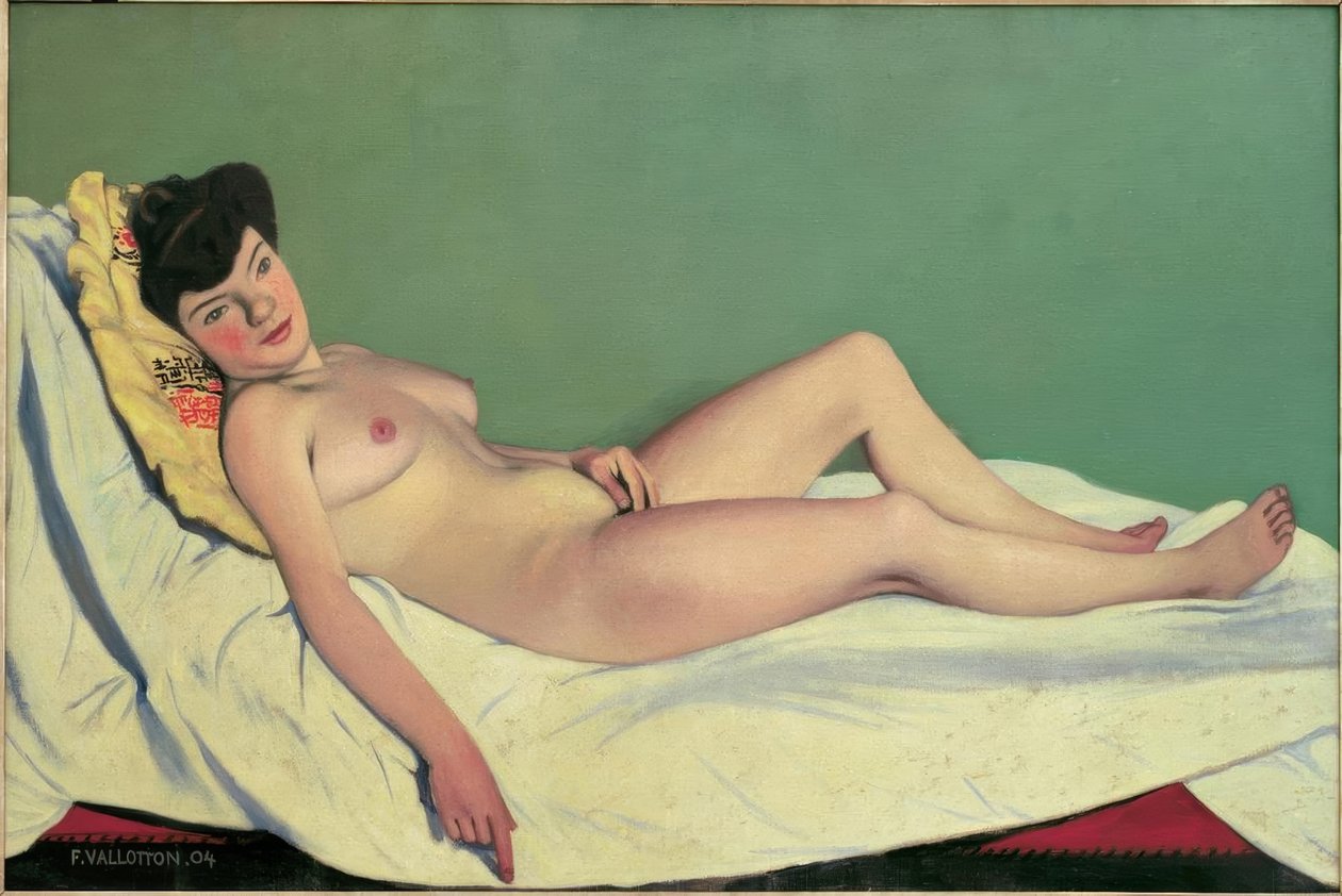 Naken kvinne liggende på et hvitt laken, gul pute av Felix Edouard Vallotton