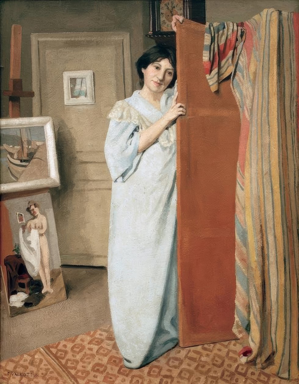 Verkstedinteriør med kunstnerens kone av Felix Edouard Vallotton