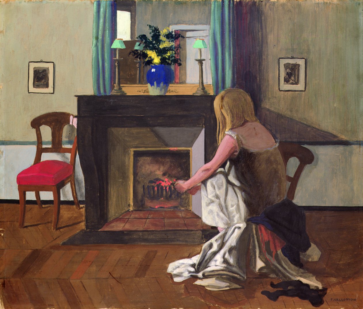Interiør med kvinne i skjorte av Felix Edouard Vallotton