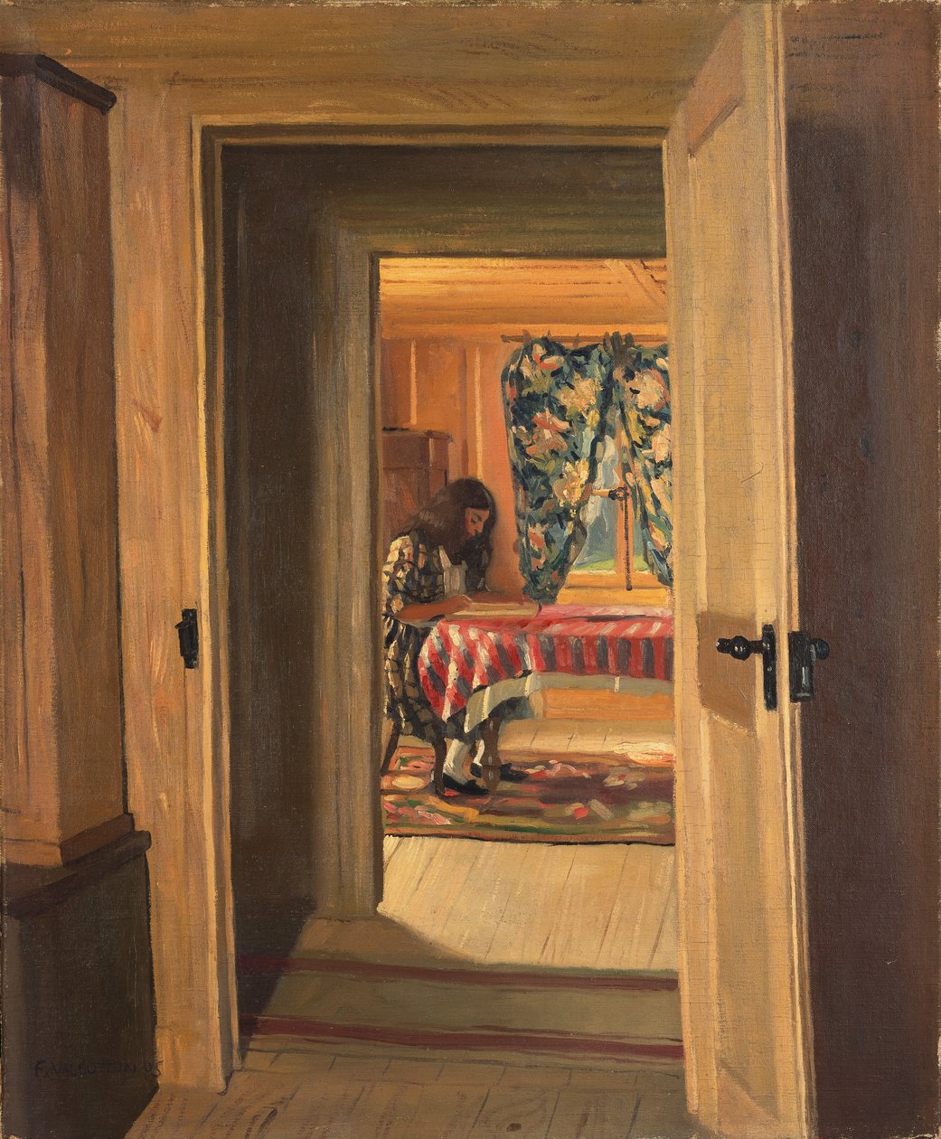 Interiør med en ung jente som skriver, 1905 av Felix Edouard Vallotton