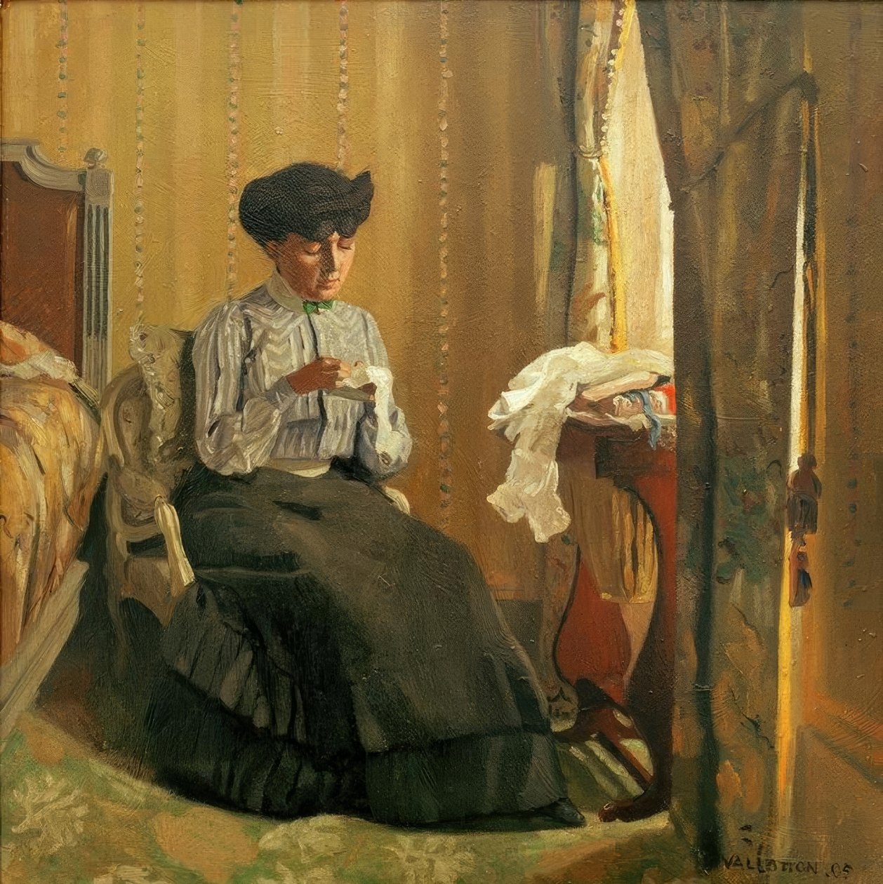 Ung kvinne som syr nær vinduet av Felix Edouard Vallotton