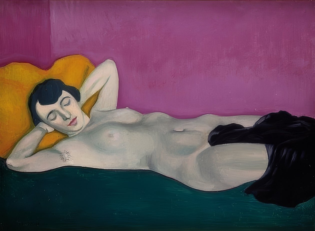 Kvinne liggende foran en fiolett bakgrunn. 1924 av Felix Edouard Vallotton