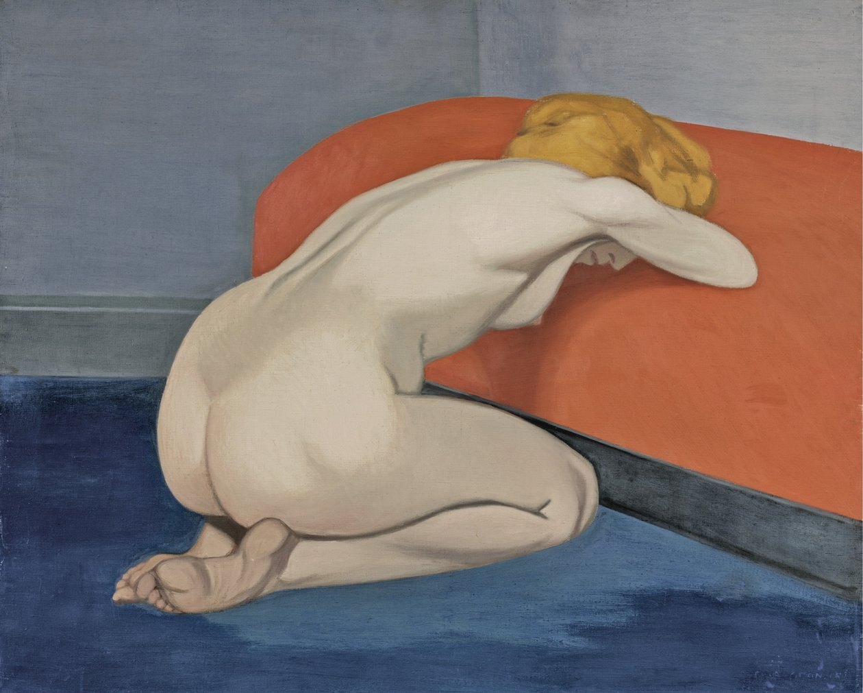 Naken kvinne kneler foran en rød sofa, 1915 av Felix Edouard Vallotton