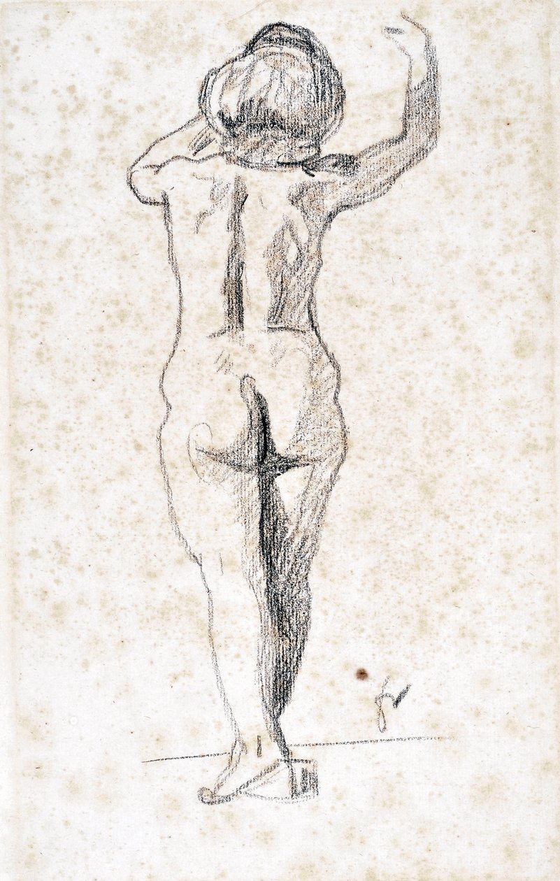 Nu de dos - Kunstverk av Felix Vallotton (1865-1925), grafitt på papir (28x18 cm), tidlig på 1900-tallet - Saint Roch hospice museum, Issoudun - Obligatorisk omtale av Felix Edouard Vallotton