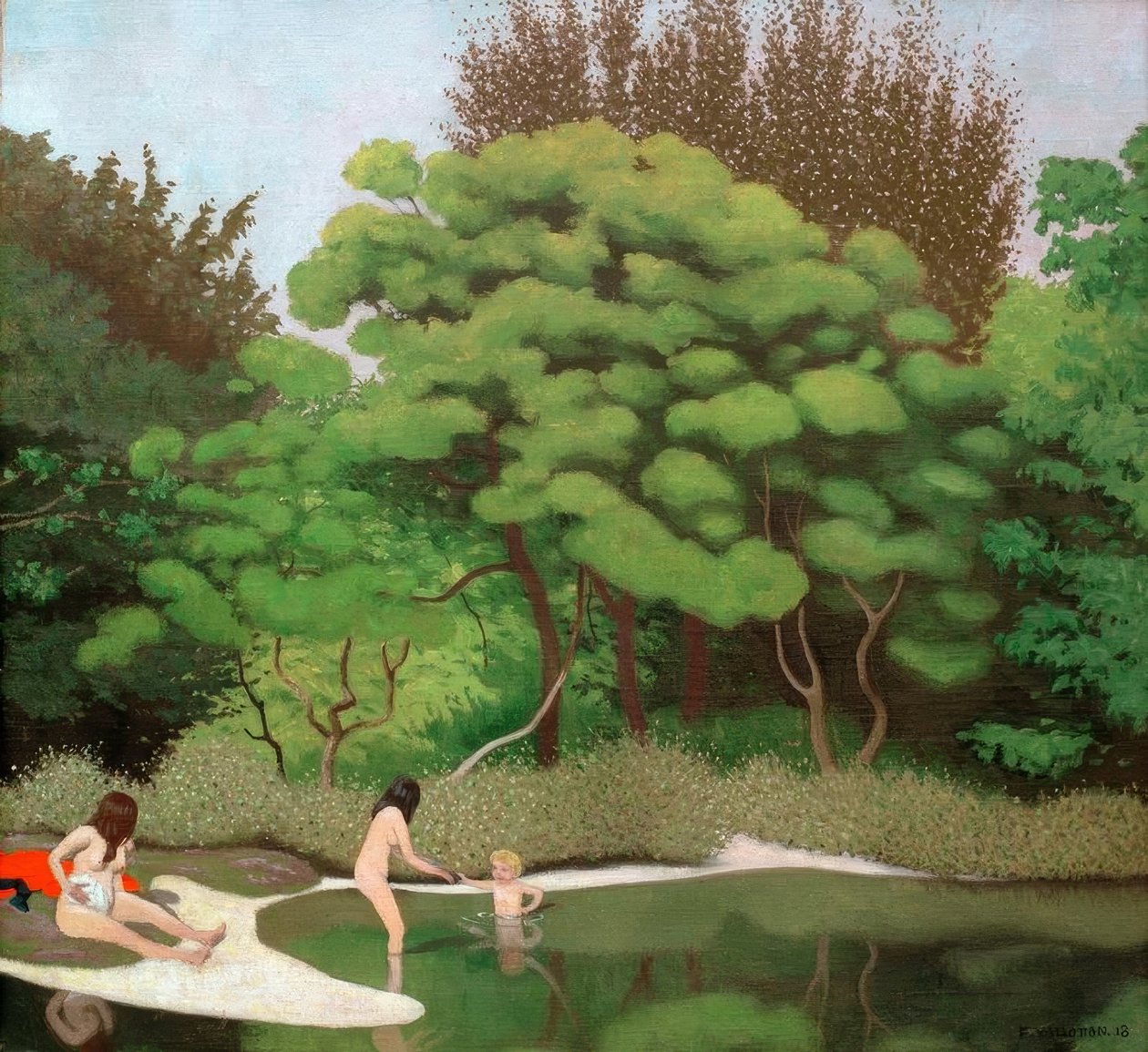 Solrikt underskogslandskap, med to kvinner og et barn av Felix Edouard Vallotton