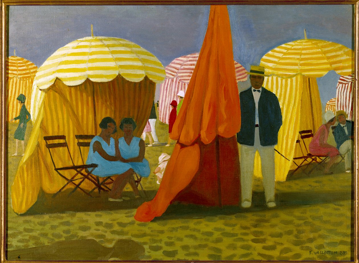 Stranda. Feriegjester under paraplyene i ly for vinden. Maleri av Felix Vallotton (1865-1925) Ec. Følg. av Felix Edouard Vallotton