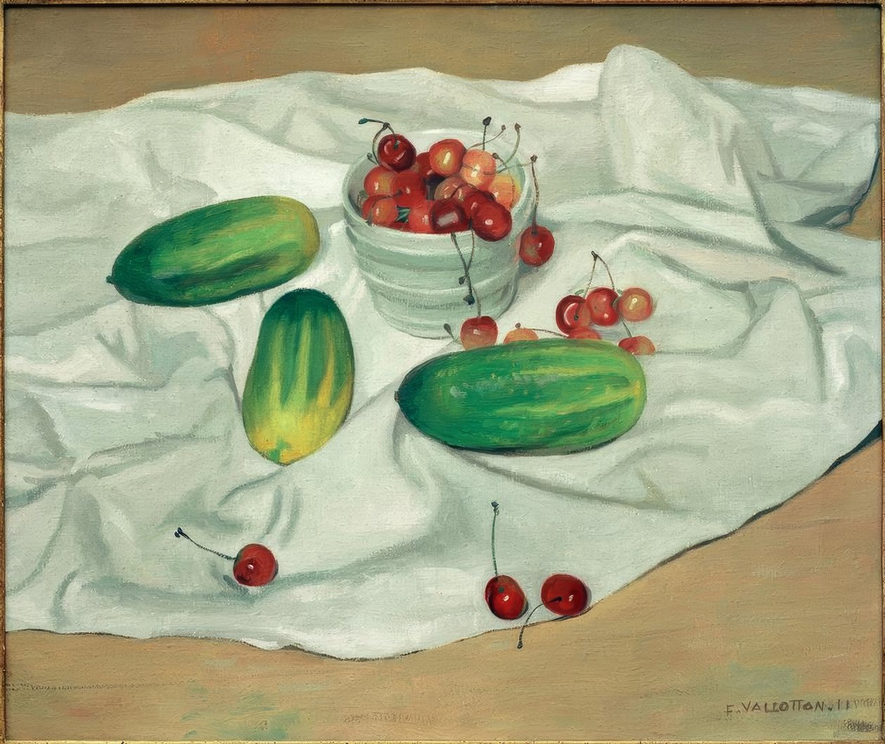 Tre agurker og en svart vase med kirsebær av Felix Edouard Vallotton