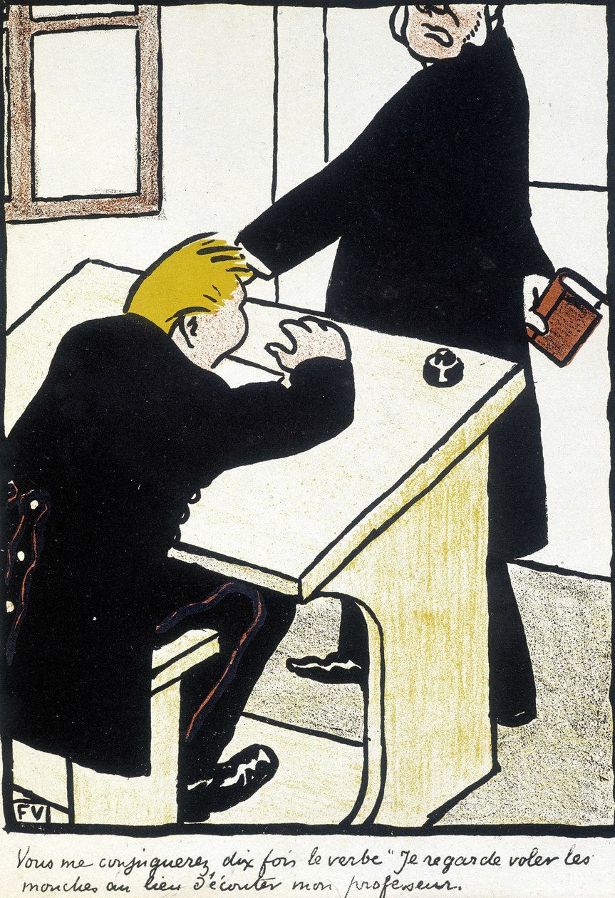 Du vil gifte meg ti ganger verbet jeg ser fly fluene i stedet for å lytte til læreren min" - "Den kristne skolen" av Félix Vallotton, i "" L