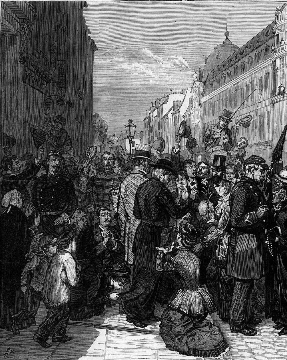 Deportasjon av jesuitene fra Rue de Sevres i Paris etter dekretene fra mars 1880 utstedt av Jules Ferry og fjerning av retten til å undervise medlemmer av uautoriserte religiøse menigheter: den parisiske befolkningen viser solidaritet med utkastelsen av Felix Elie Regamey