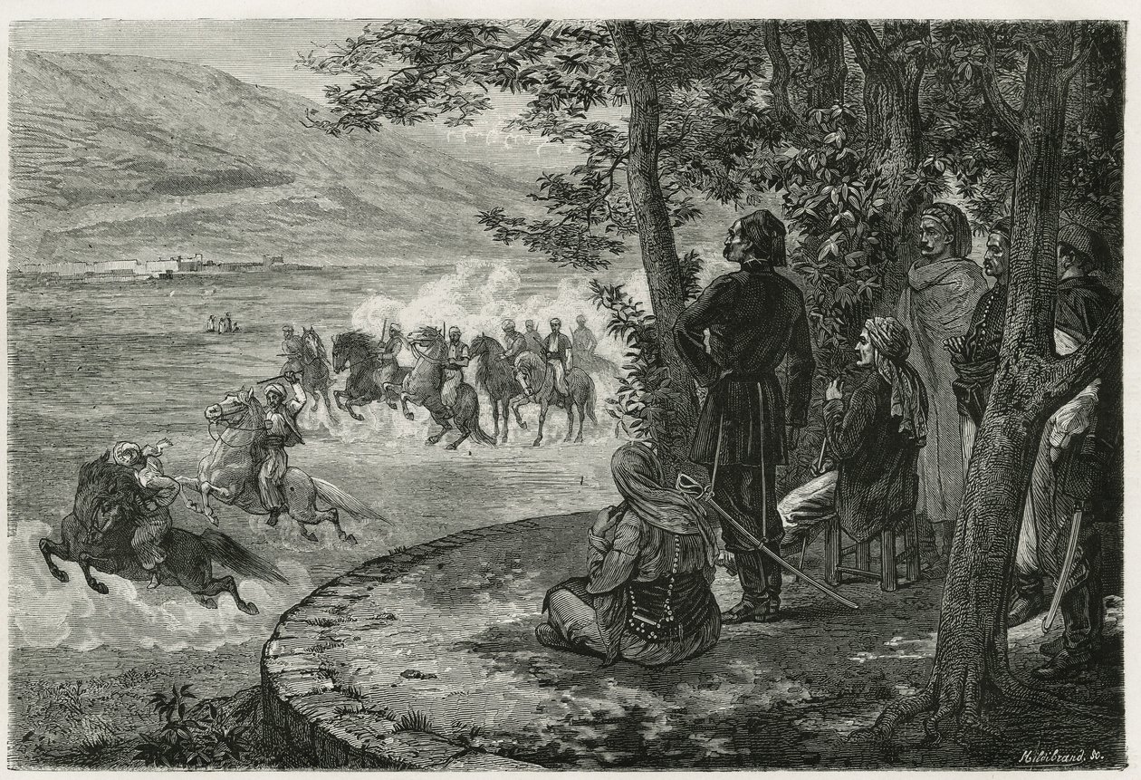 I løpet av djeriden begynte rytteren å holde en kort stokk som representerte både spydet og riflen; han forgrenet den over hodet før han kastet den, gravert av F.Regamey, for å illustrere historien Les Ansaries, av Leon Cahun, en misjonssjef av Felix Elie Regamey