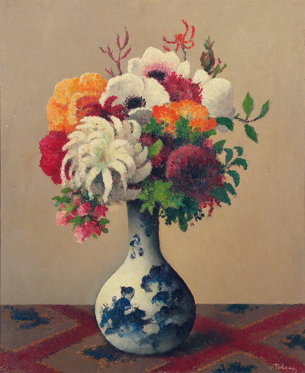 Stilleben med blomster i en kinesisk vase (olje på lerret) av Felix Elie Tobeen