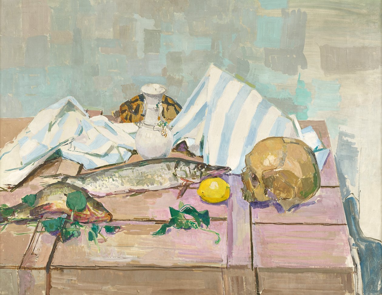 Stilleben med hodeskalle og fisk av Felix Esterl