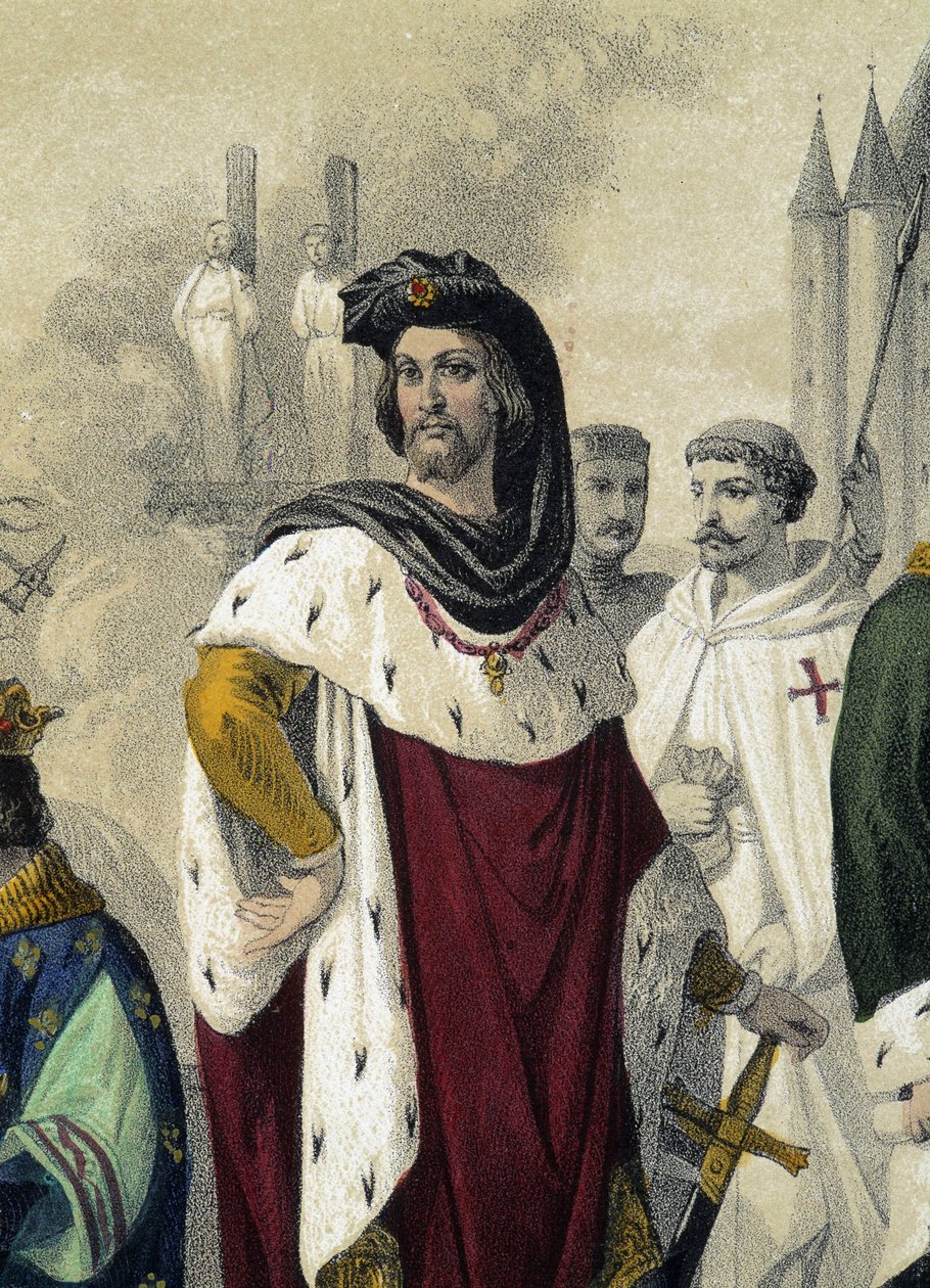 Capétiens 1270 - 1322: Philippe IV le bel og Jacques de Molay (Molai) - i "La Monarchie francaise en estampe", tegning av Monsieur Fossey av Felix Fossey