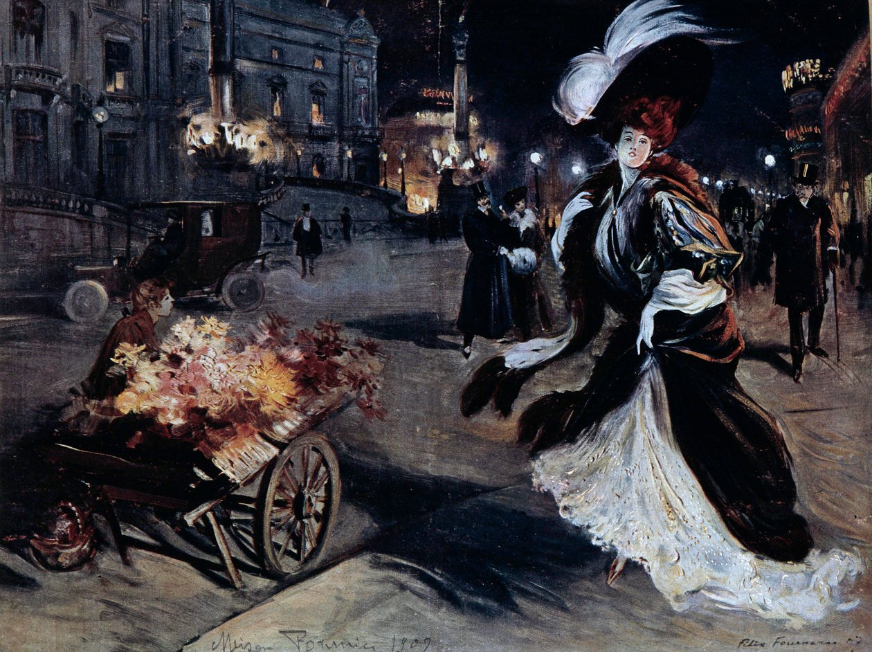 Belle Epoque: Kvinne i Egrets i en parisisk gate om natten. Illustrasjon av Felix Fournery (1865-1938) av Felix Fournery