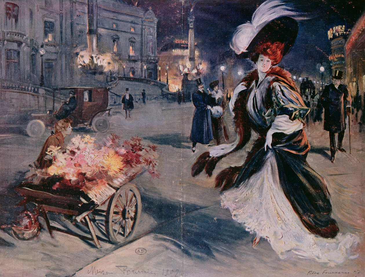 Paris om natten i Operakvarteret, 1907 av Felix Fournery
