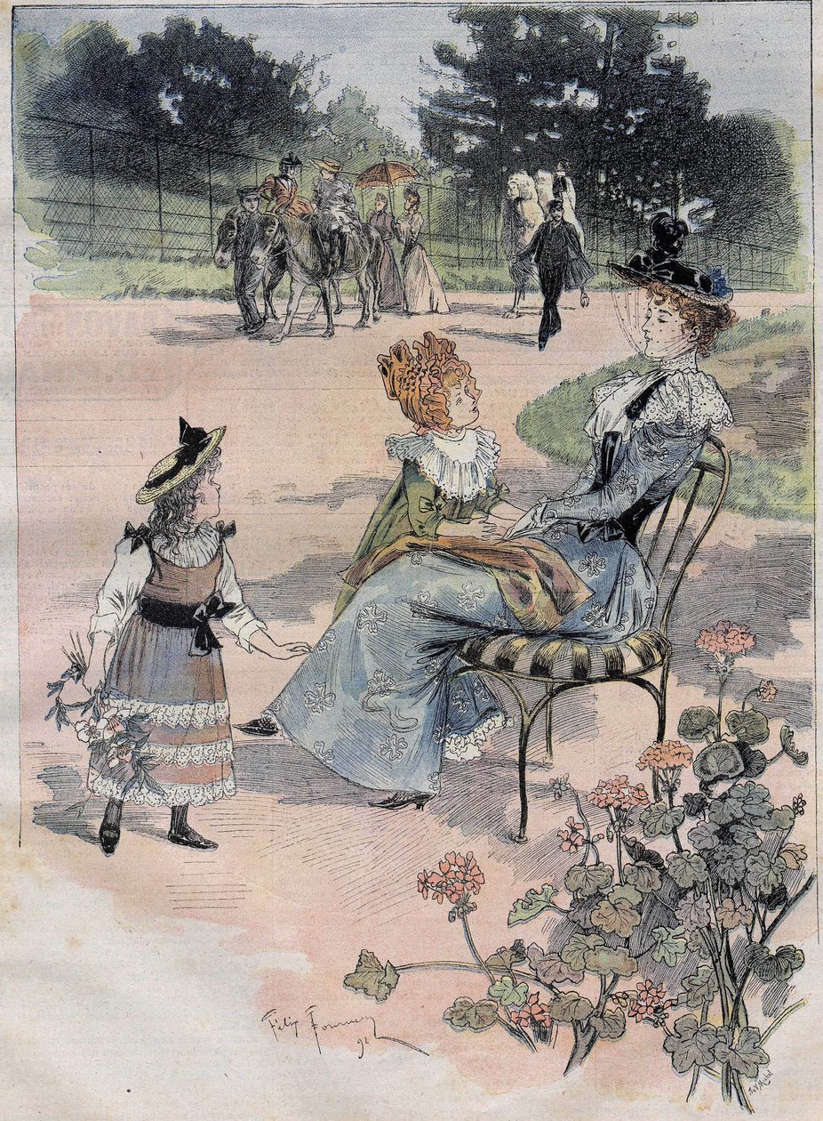 Barnas vandring til akklimatiseringshagen i Paris i 1892. Gravering av støperiakvarellen. av Felix Fournery