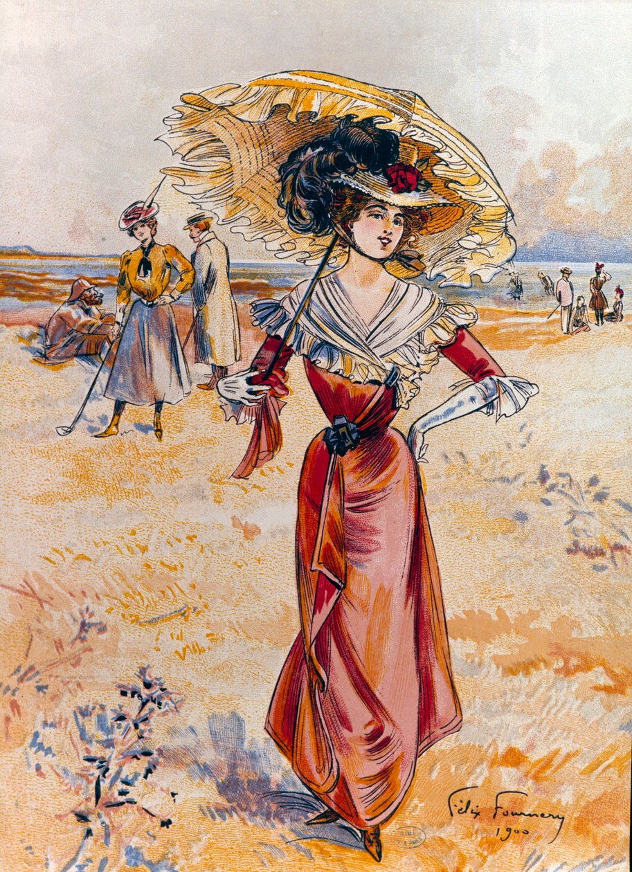 Det elegante på stranden. Maleri av Felix Fournery (1865-1938) av Felix Fournery