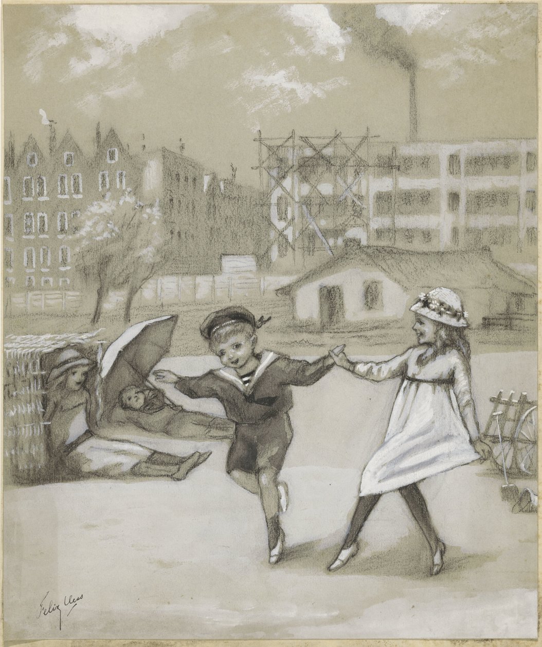 Dansende gutt og jente i en bypark eller lekeplass av Felix Hess (signed by artist)