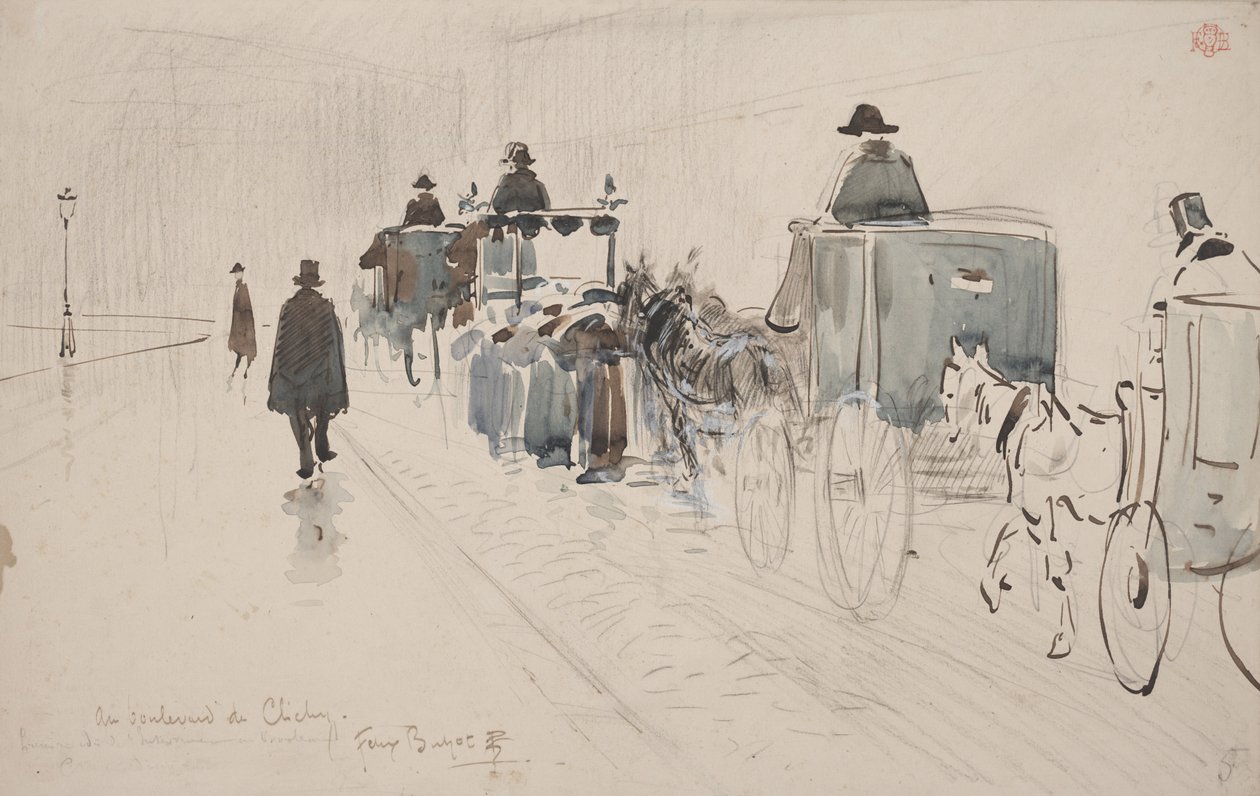 Au Boulevard de Clichy (blyant og akvarell på papir) av Felix Hilaire Buhot