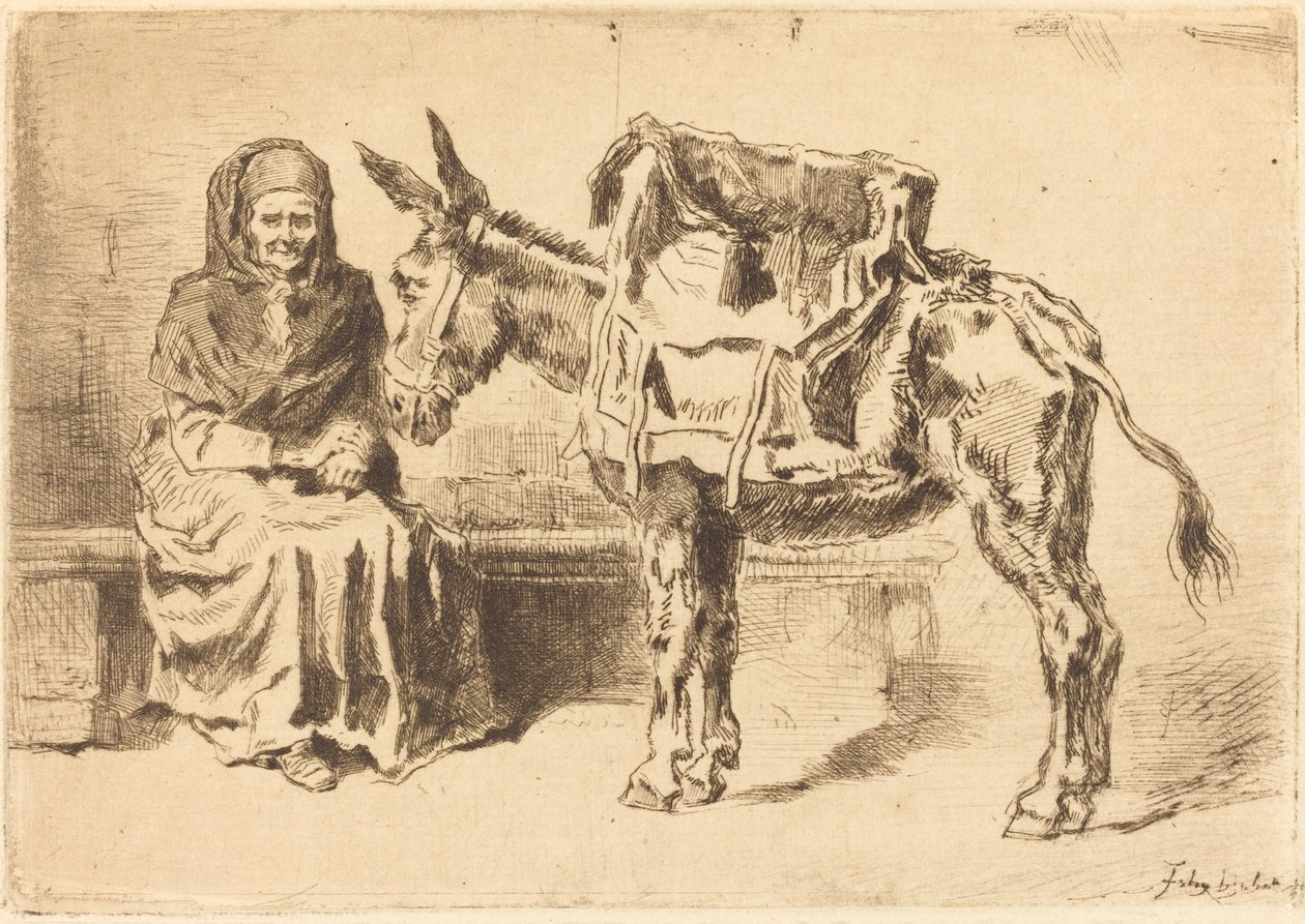 Cacoletière Assise sittende kvinne og rumpe, 1875. av Felix Hilaire Buhot