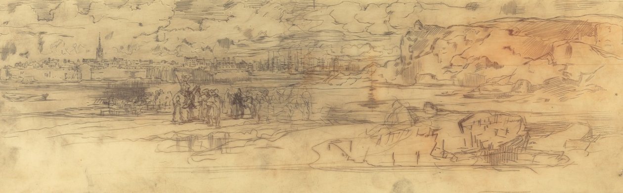 Elvemunning med en befestet havn til venstre og klipper til høyre, ca. 1882. av Felix Hilaire Buhot