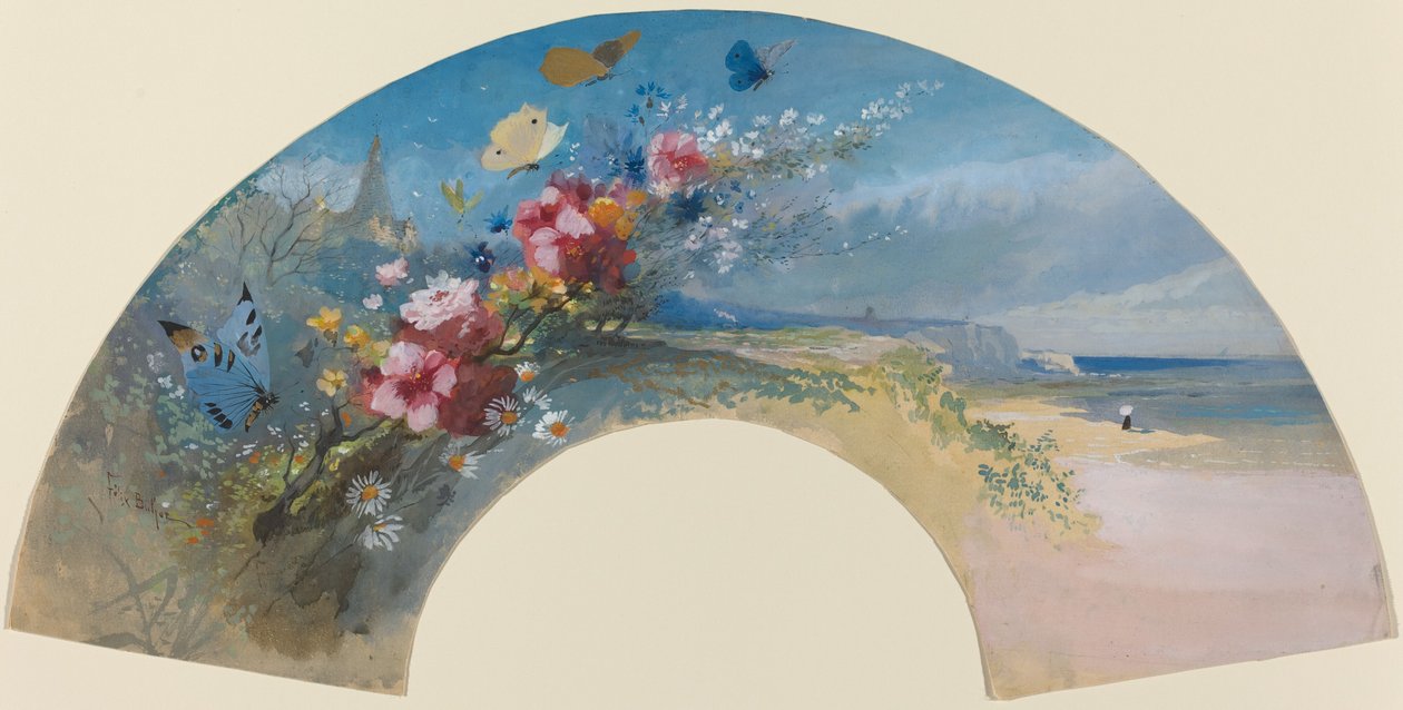 Fan med villblomster og sommerfugler mot Normankysten av Felix Hilaire Buhot