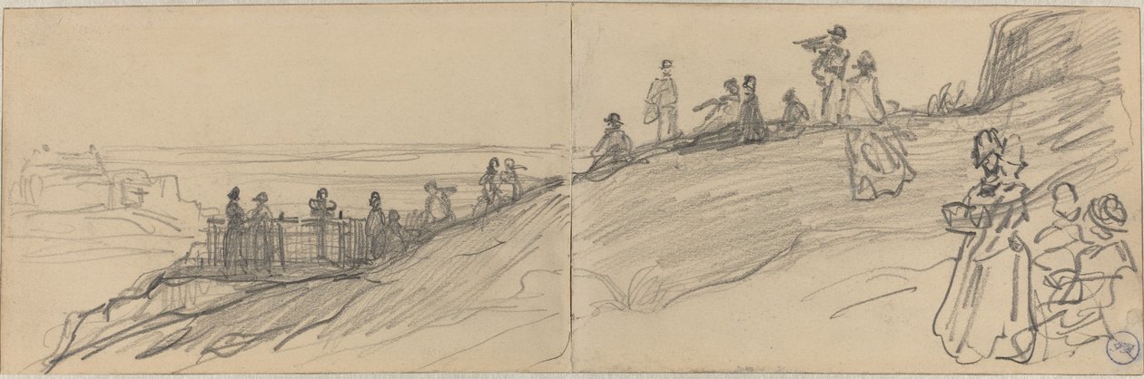 Figurer på toppen av en ås, med utsikt over havet av Felix Hilaire Buhot