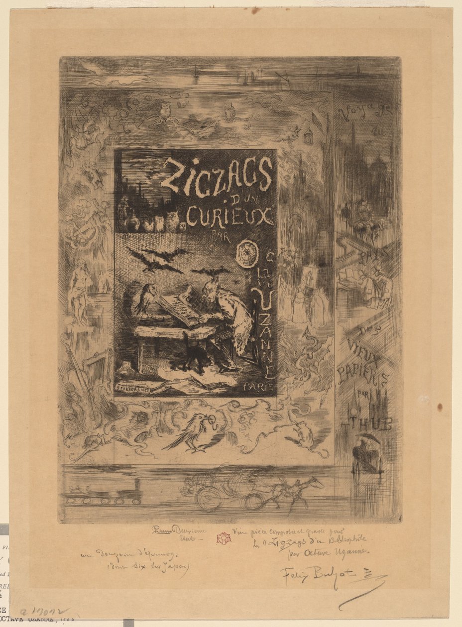 Frontispice for "Zigzags of a Curious, av Octave Uzanne" av Felix Hilaire Buhot