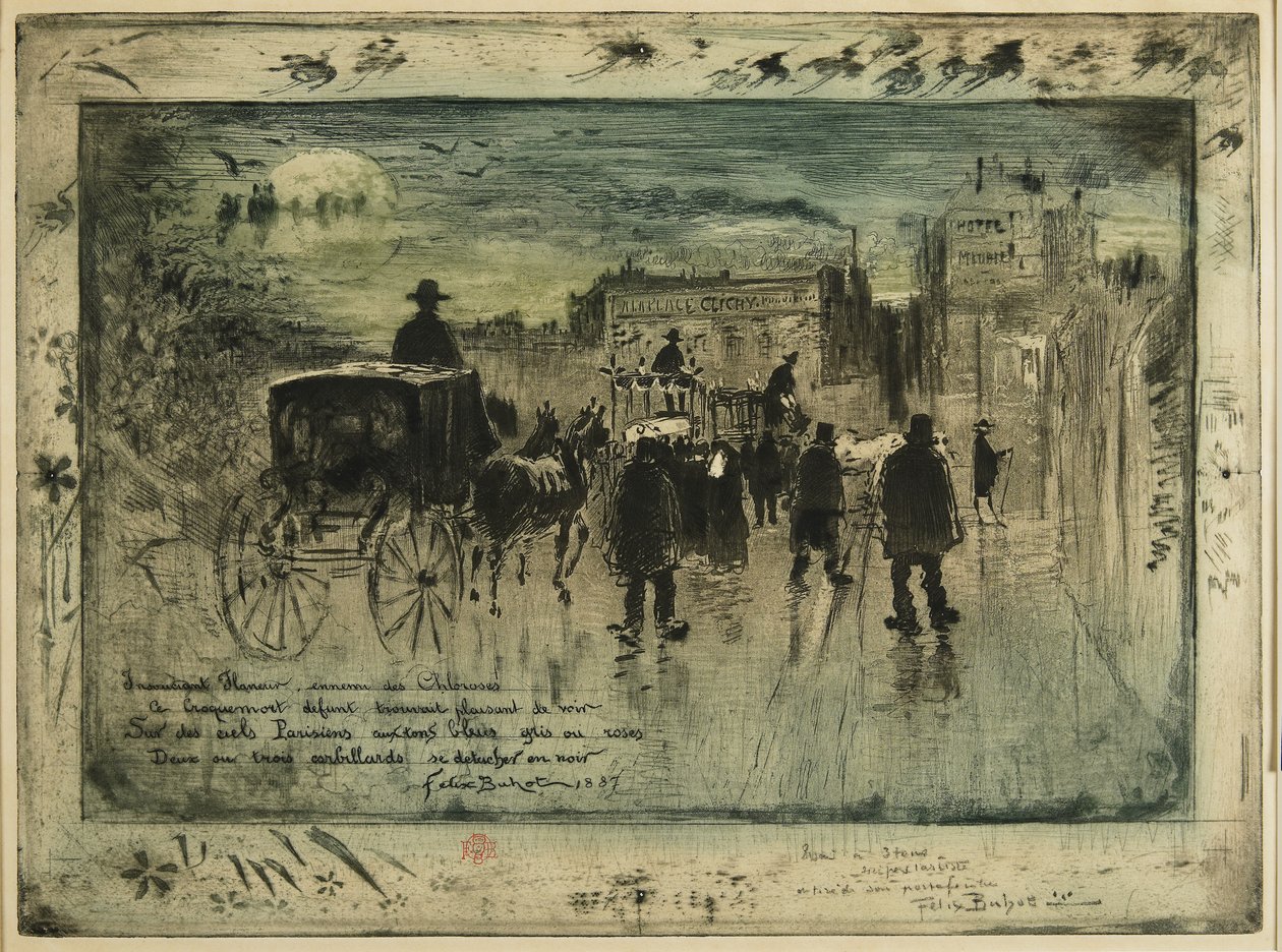 Begravelsesprosesjon på Boulevard de Clichy, 1887 av Felix Hilaire Buhot