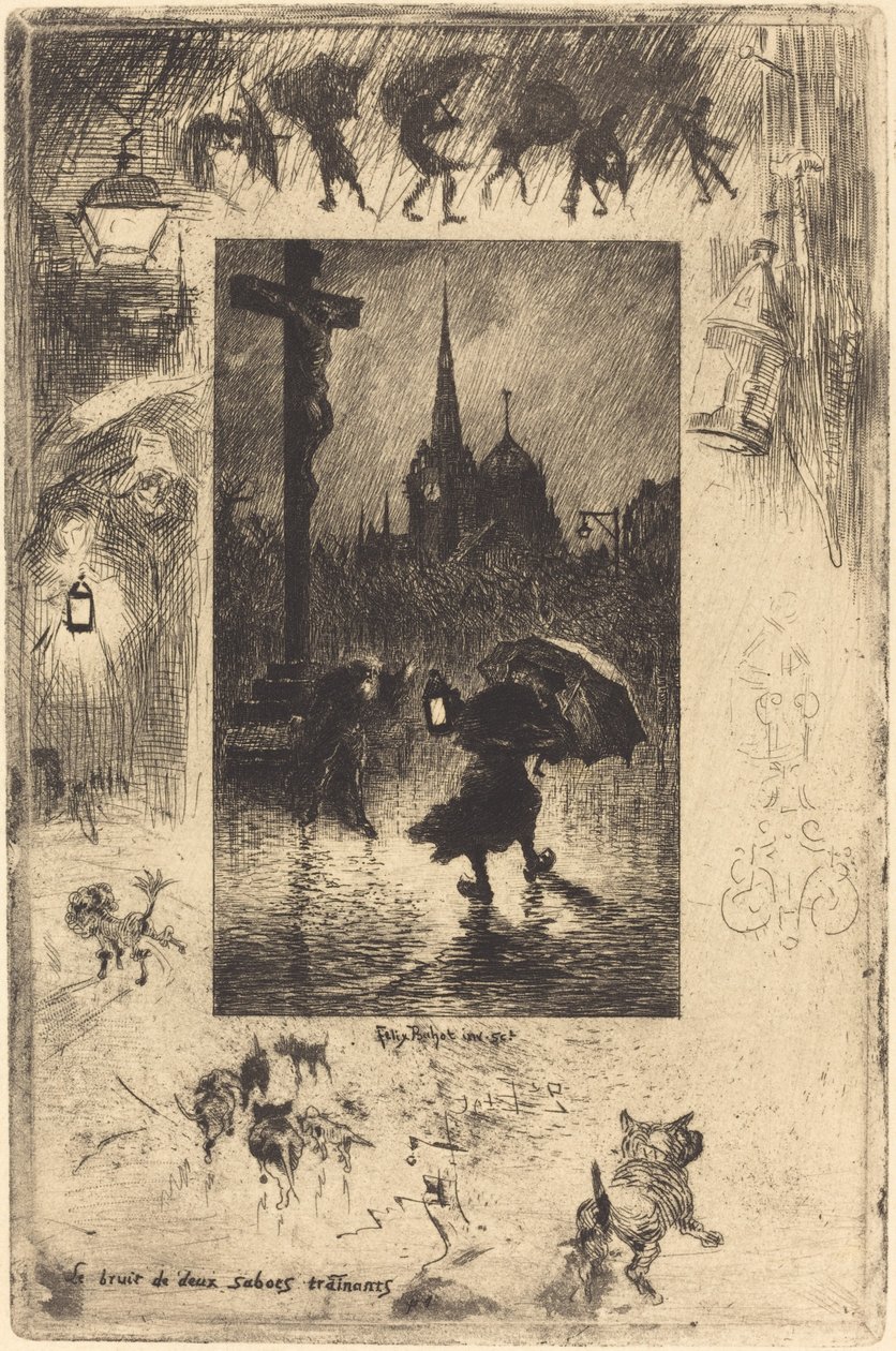 Lyden av to tresko som stokkes..., 1878. av Felix Hilaire Buhot