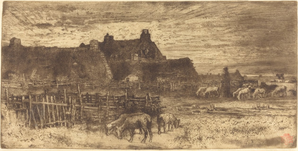 Les Bergeries, Soleil Couchant (pastoral scene, solnedgang) av Felix Hilaire Buhot