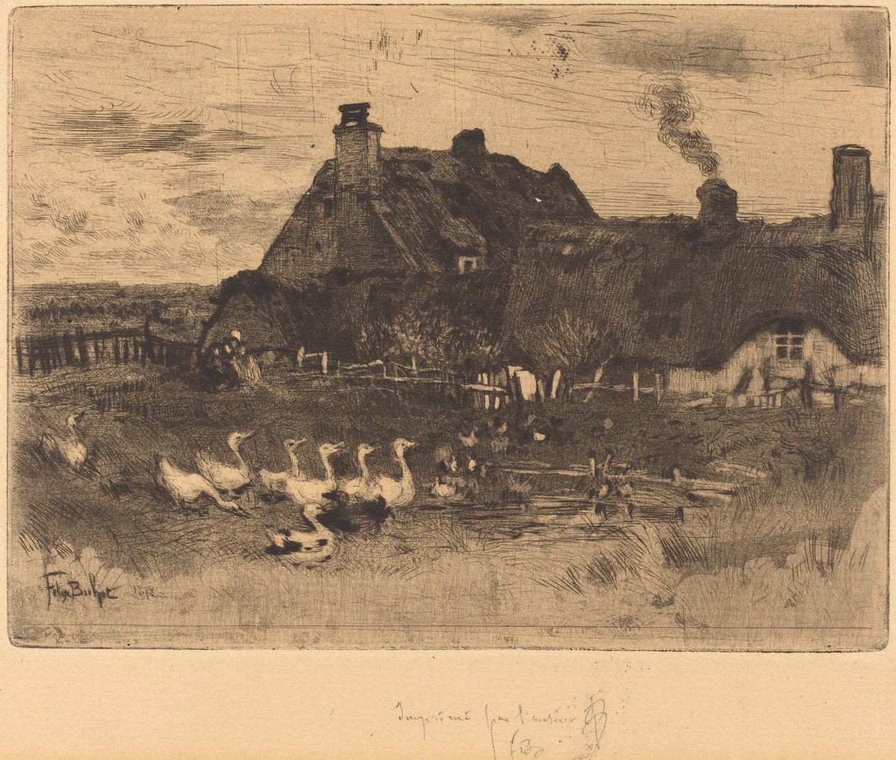 Les Petites Chaumières (hytter med stråtak – liten tallerken) av Felix Hilaire Buhot