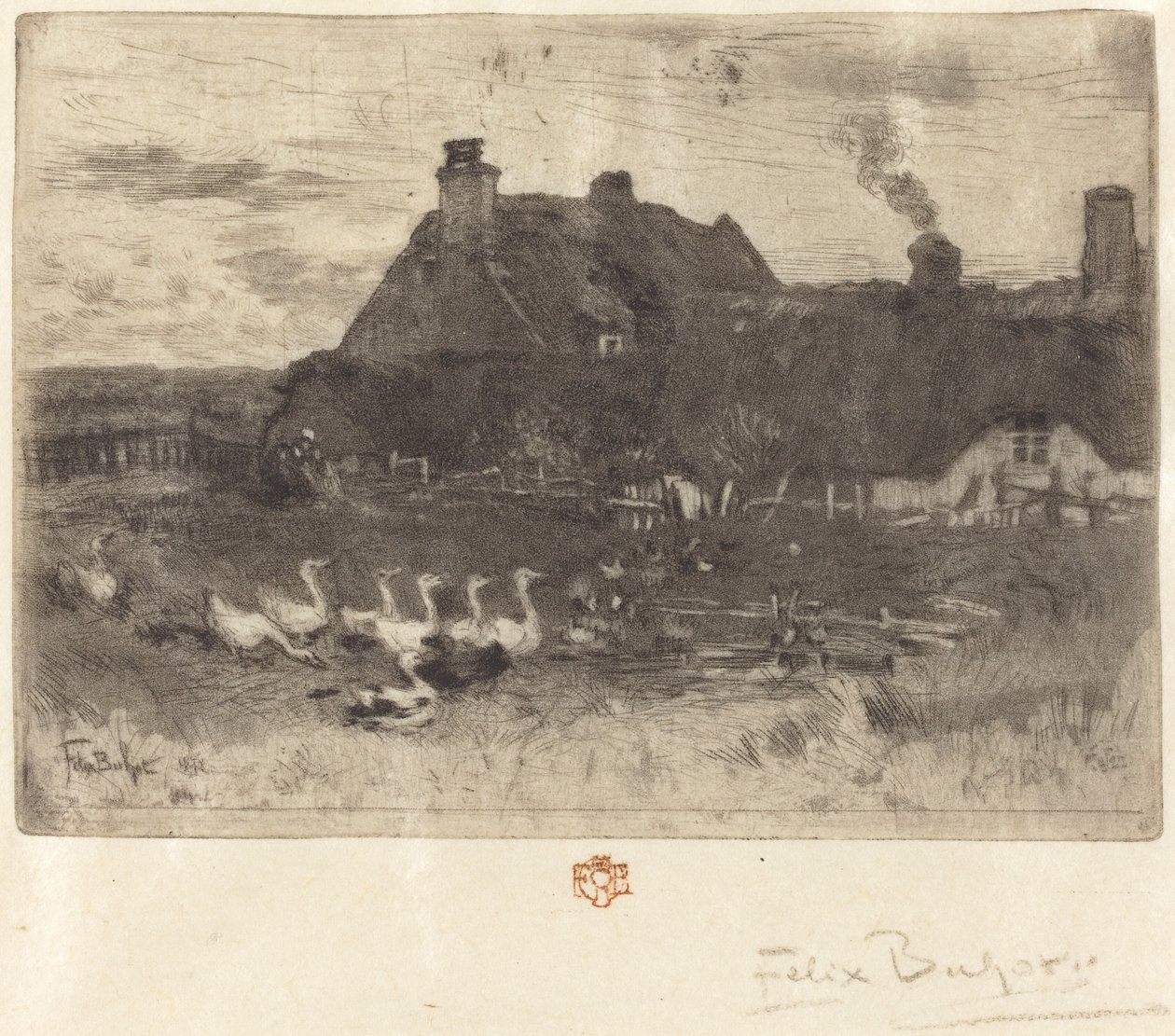 Les Petites Chaumières hytter med stråtak – liten tallerken, 1878. av Felix Hilaire Buhot