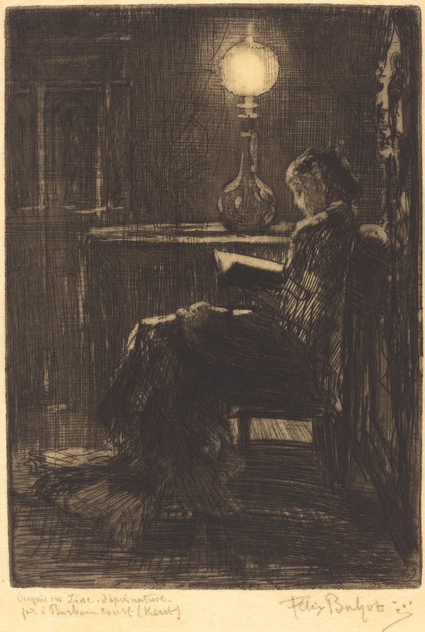 Lampeleser (kvinne leser av Lamplight) av Felix Hilaire Buhot