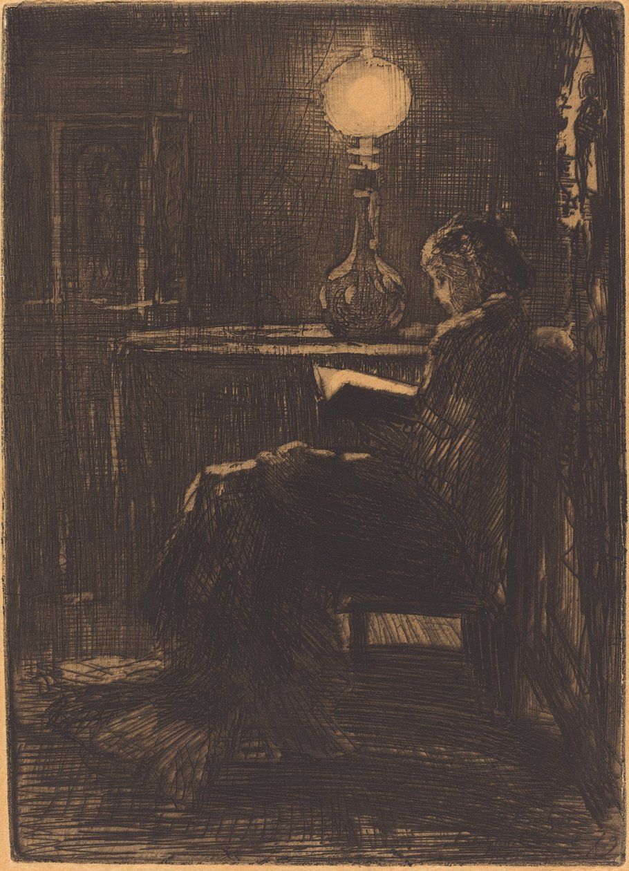 Kvinne leser av Lamplight, 1879. av Felix Hilaire Buhot