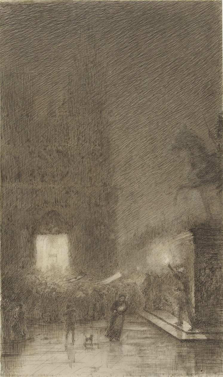 Samling om natten foran en katedral av Felix Hilaire Buhot