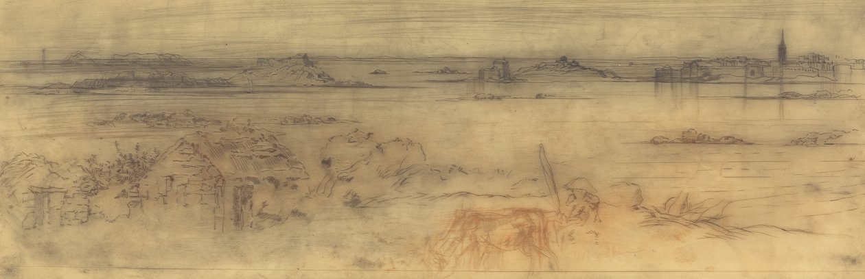 Seascape with a Fortified City at Right, Islands at Left and a Cottage in the Foreground, c1882.    1182014   no       norwegian Successfully Translated  Original: Louksor Thèbes, Vue Générale des Ruines, 1851-52. Translat: Louksor Thèbes, Vue Générale des av Felix Hilaire Buhot