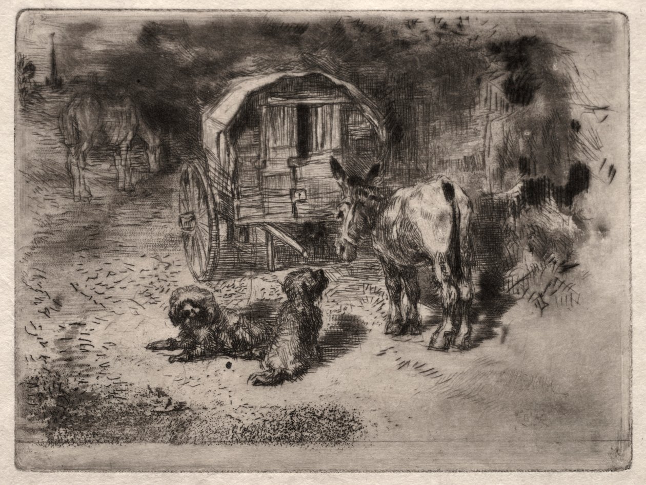 The Guardians of the House, eller Saltimbanques venner av Felix Hilaire Buhot