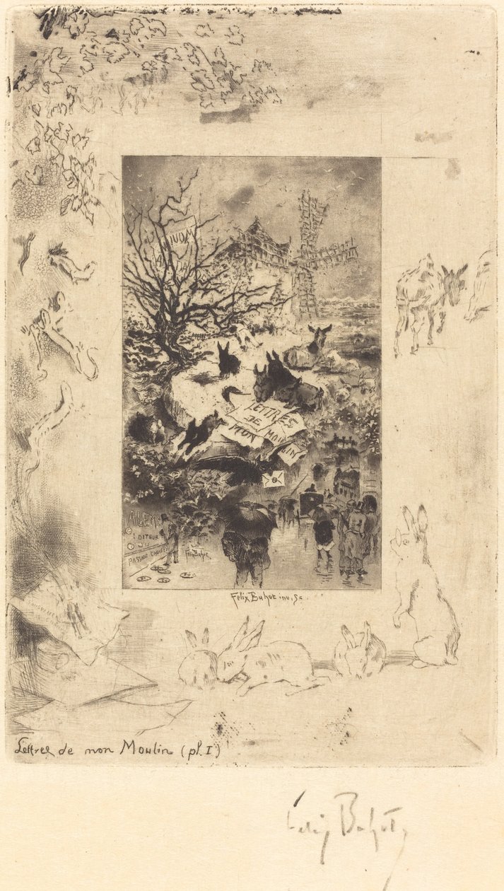 Tittelside for "Brev fra vindmøllen min" av Felix Hilaire Buhot