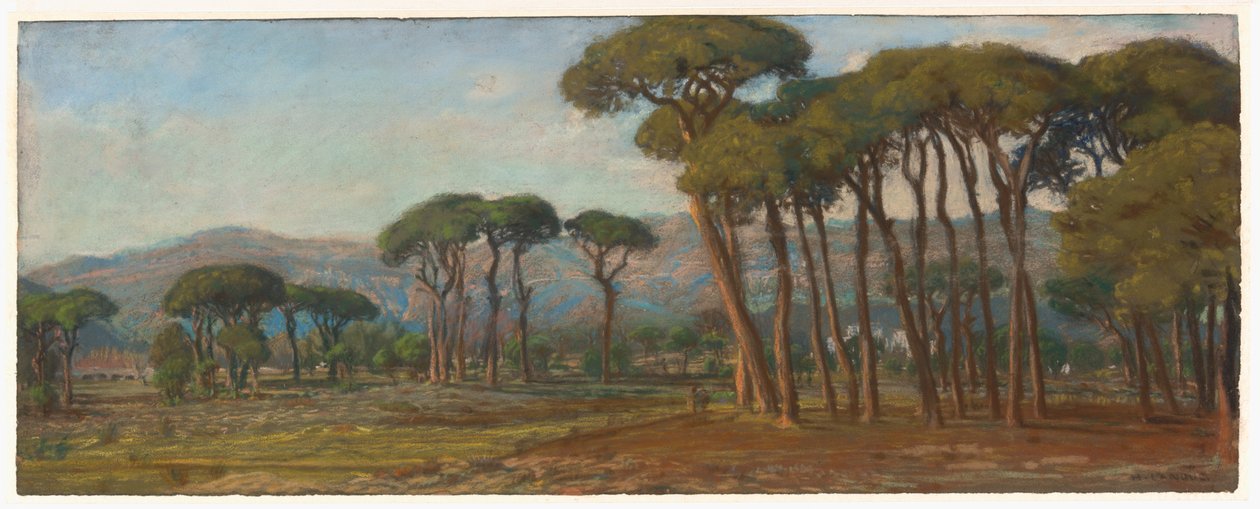 Omfattende landskap med en landsby og åsside i det fjerne av Felix Hippolyte Lanoue