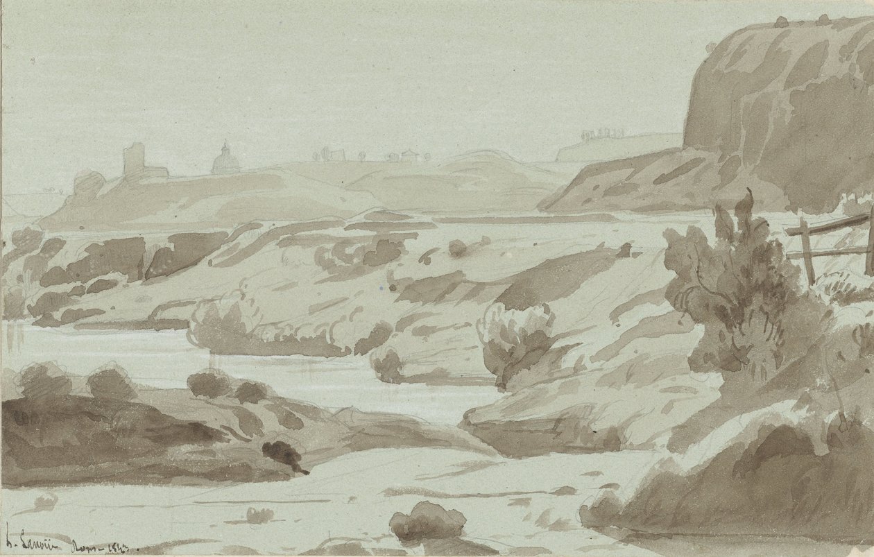 Utsikt i den romerske Campagna med en elv i forgrunnen av Felix Hippolyte Lanoue