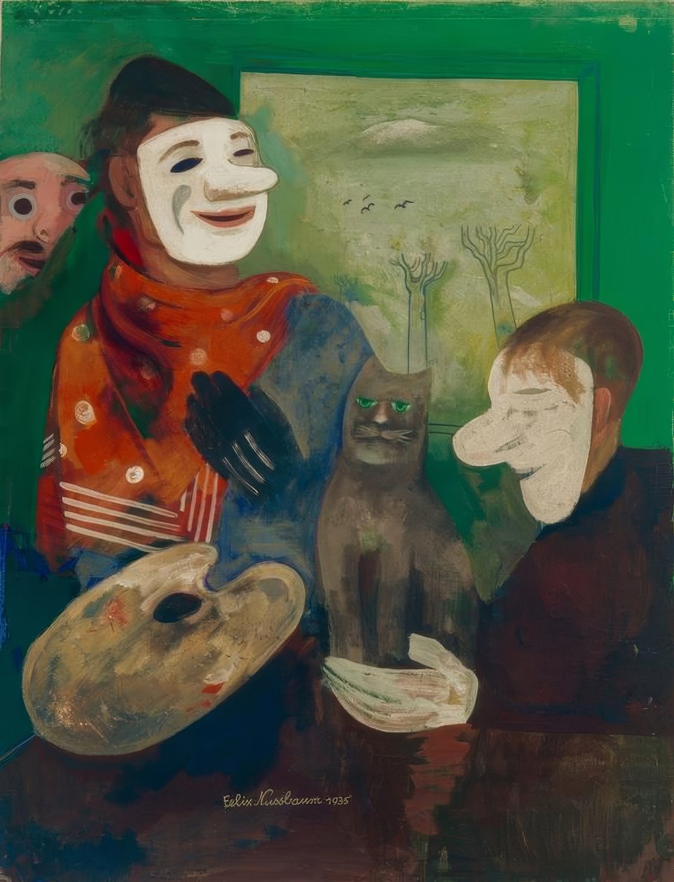 Masker og katter (maler med maske og katt) av Felix Nussbaum