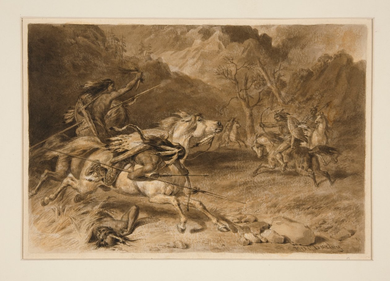 Tegning for The Encounter (Indisk kamp på hesteryggen) av Felix O. C. Darley